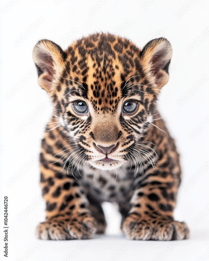 Fototapeta premium the baby East African Jaguar, portrait view, white copy space on right, Isolated on white Background