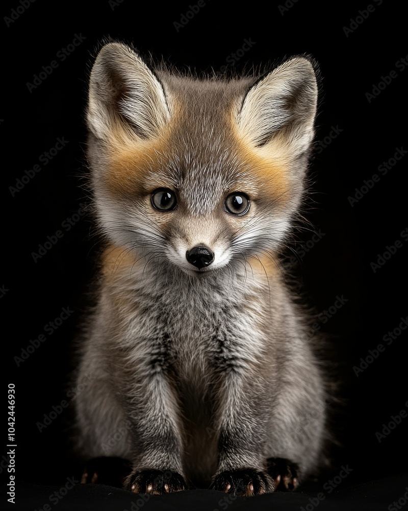 Obraz premium the baby Gray Fox view, white copy space on right, Isolated on black Background
