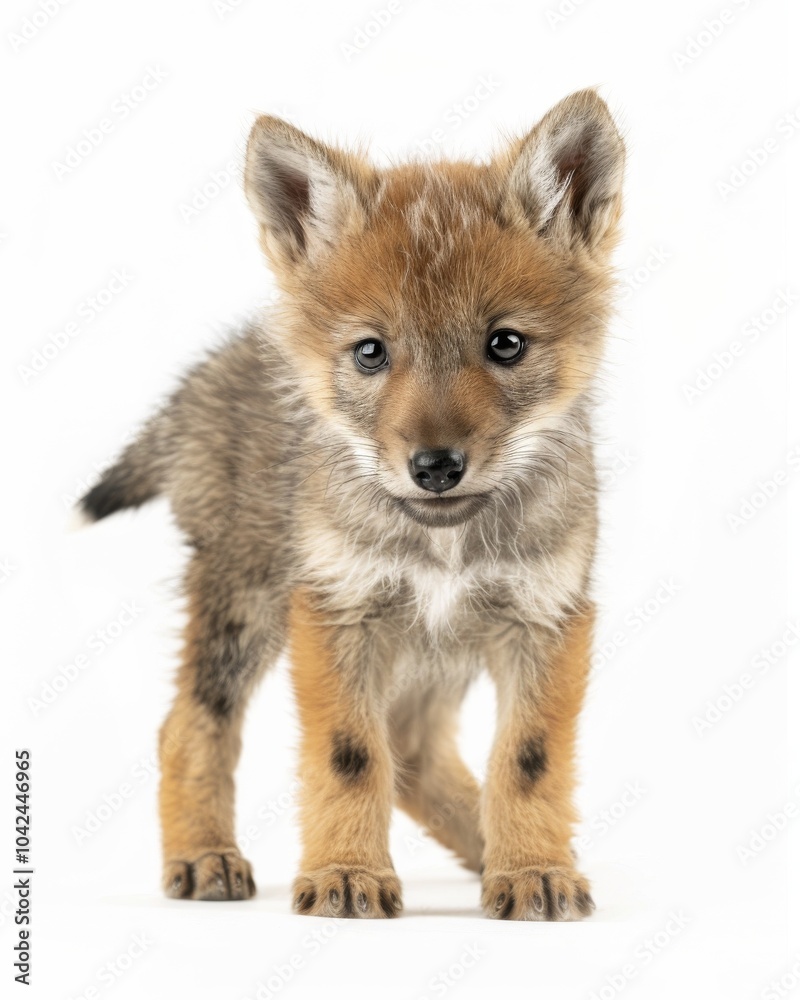 the baby Gray Wolf, portrait view, white copy space on right, Isolated on white Background the baby Gray Wolf, portrait view, white copy space on right, Isolated on white Background