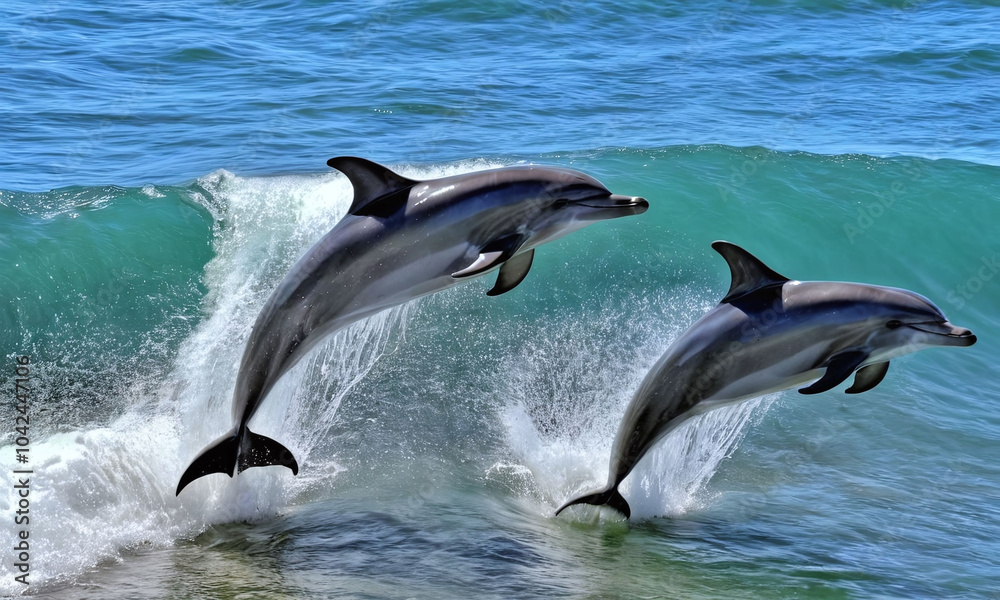 Naklejka premium two dolphins jumping out of water
