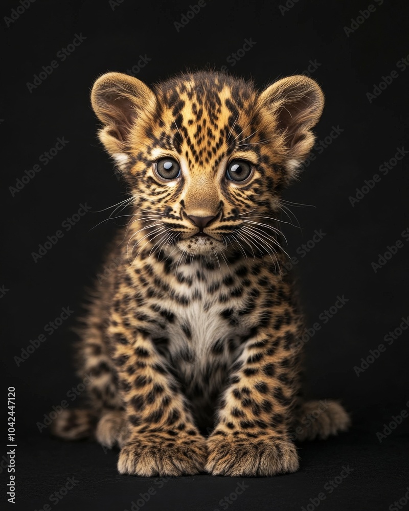 the baby Indian Leopard, portrait view, white copy space on right, Isolated on black Background