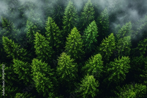 Aerial View of a Lush Evergreen Forest with Mist