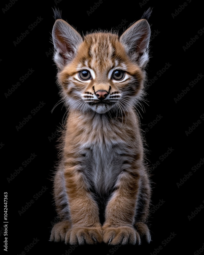 the baby Lynx canadensis front view, white copy space on right, Isolated on black Background the baby Lynx canadensis front view, white copy space on right, Isolated on black Background
