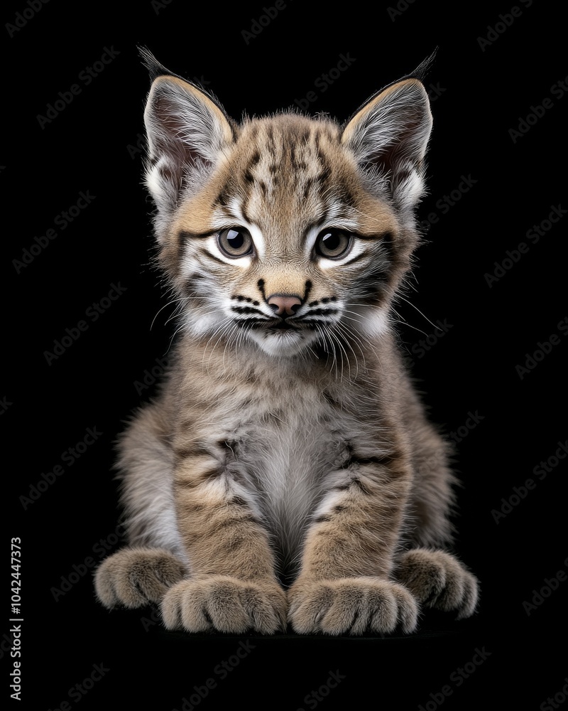 the baby Lynx canadensis front view, white copy space on right, Isolated on black Background the baby Lynx canadensis front view, white copy space on right, Isolated on black Background