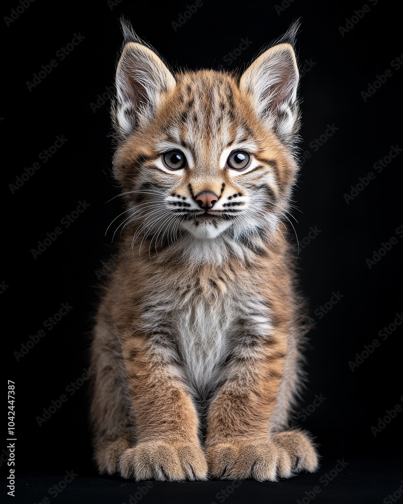 Obraz premium the baby Lynx canadensis front view, white copy space on right, Isolated on black Background