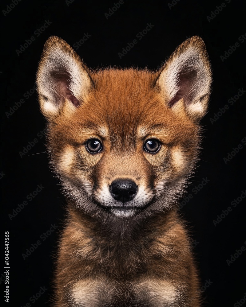 the baby Red Wolf, portrait view, white copy space on right, Isolated on black Background the baby Red Wolf, portrait view, white copy space on right, Isolated on black Background
