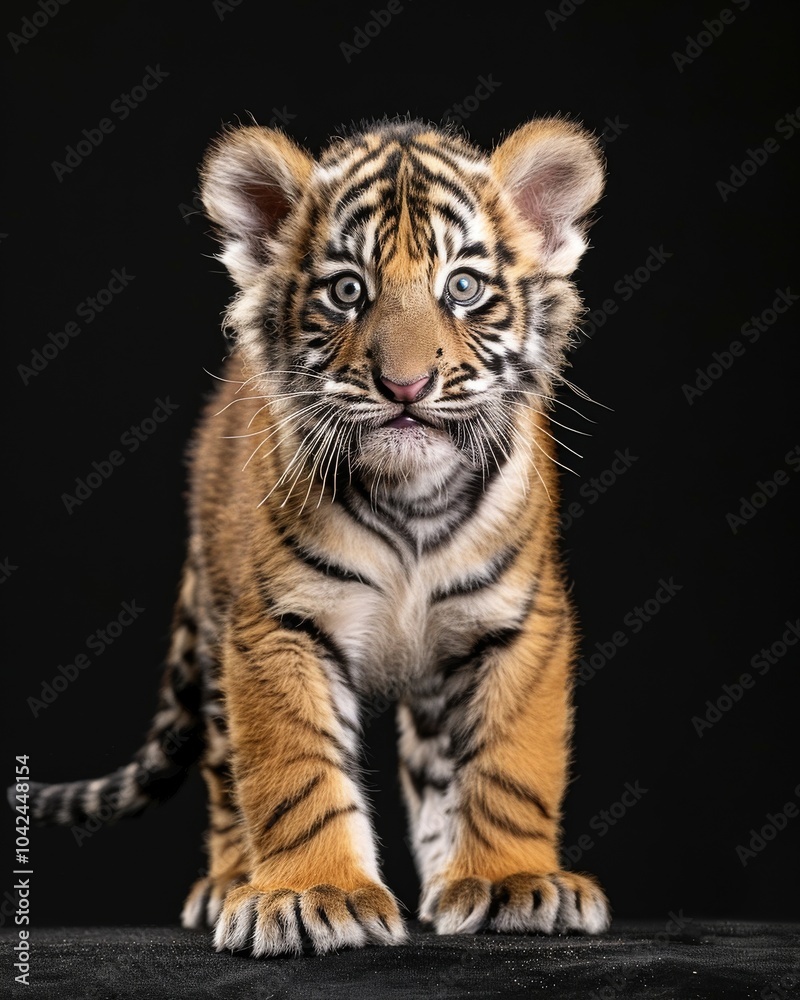 Obraz premium the baby Sumatran Tiger, portrait view, white copy space on right, Isolated on black Background