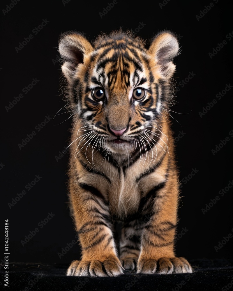 Obraz premium the baby Sumatran Tiger, portrait view, white copy space on right, Isolated on black Background