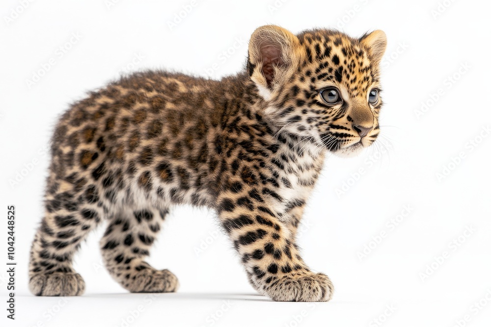 the beside view baby Arabian Leopard standing, left side view, low angle, white copy space on right, Isolated on White Background the beside view baby Arabian Leopard standing, left side view, low angle, white copy space on right, Isolated on White Background