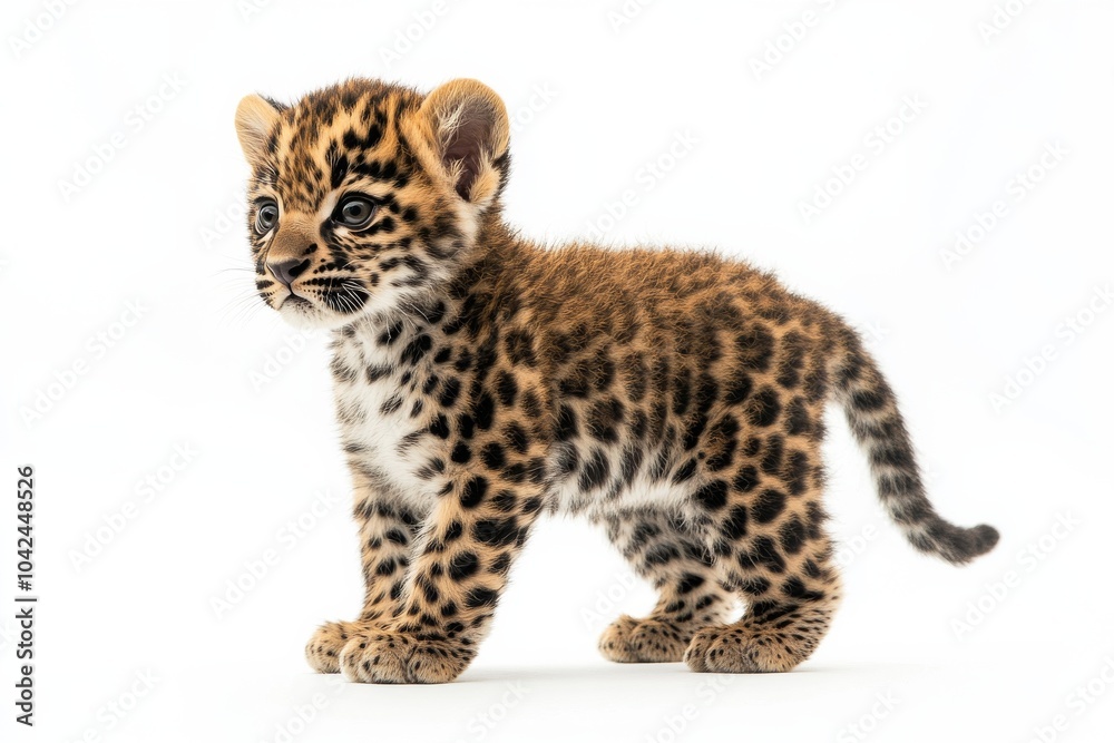 the beside view baby Arabian Leopard standing, left side view, low angle, white copy space on right, Isolated on White Background the beside view baby Arabian Leopard standing, left side view, low angle, white copy space on right, Isolated on White Background