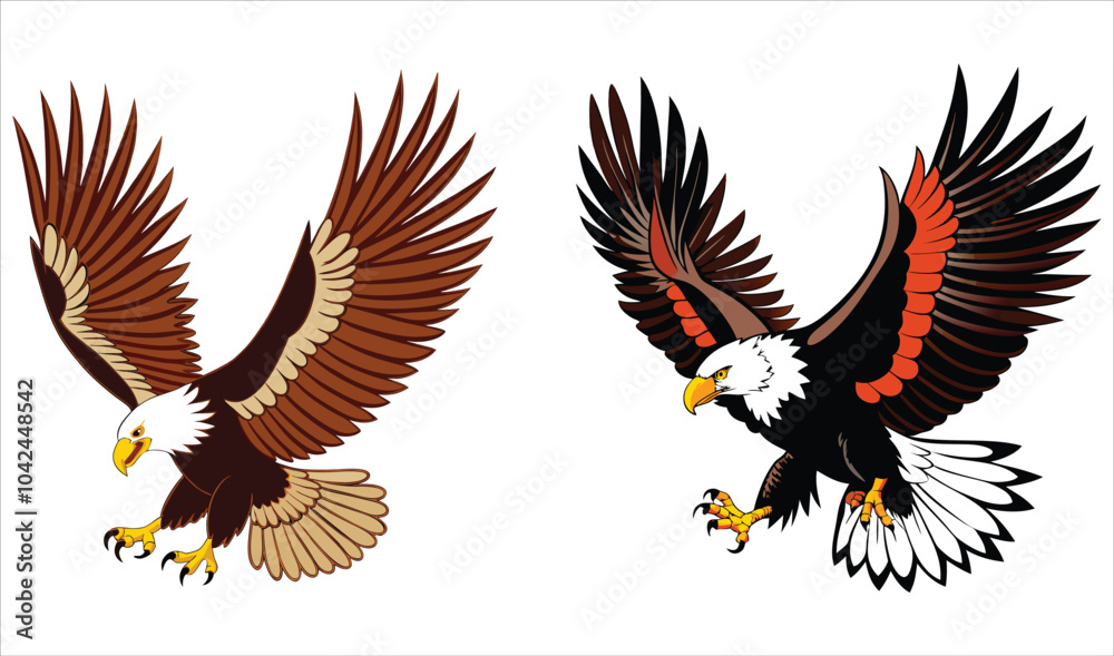 Obraz premium Bald eagle flying draw and paint on white background vector illustration