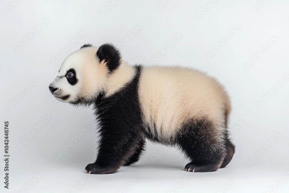 Obraz premium the beside view baby Giant Panda standing, left side view, low angle, white copy space on right, Isolated on White Background
