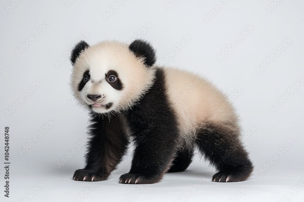 the beside view baby Giant Panda standing, left side view, low angle, white copy space on right, Isolated on White Background the beside view baby Giant Panda standing, left side view, low angle, white copy space on right, Isolated on White Background