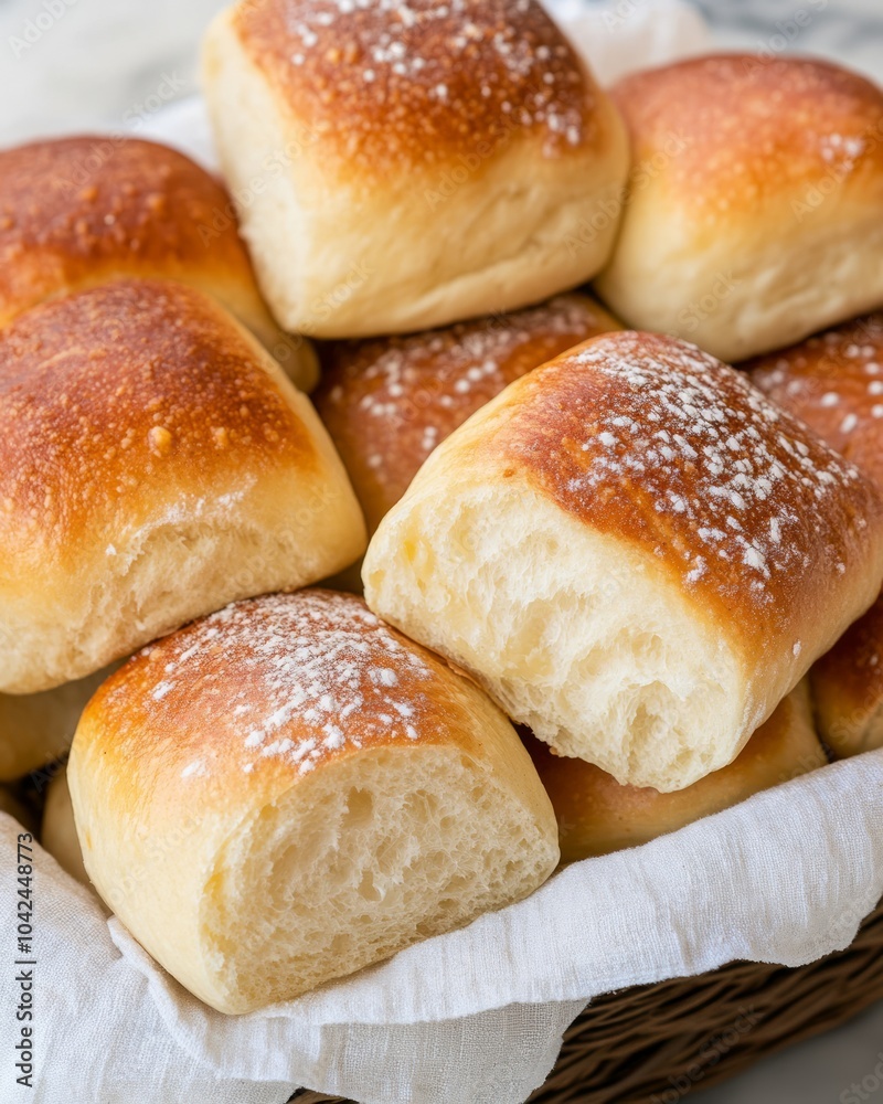 A basket of freshly baked bread rolls, golden and fluffy. A basket of freshly baked bread rolls, golden and fluffy.