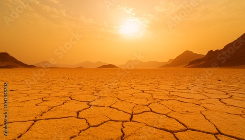 A barren landscape under a golden sunset with cracked earth.