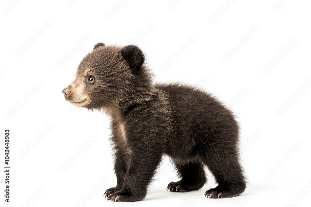 Obraz premium the beside view baby Kodiak Bear standing, left side view, low angle, white copy space on right, Isolated on White Background