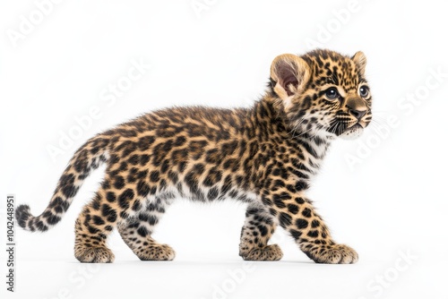 the beside view baby Indian Leopard standing, left side view, low angle, white copy space on right, Isolated on White Background