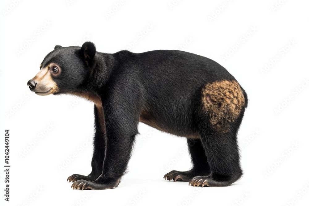 Obraz premium the beside view baby Malayan Sun Bear standing, left side view, low angle, white copy space on right, Isolated on White Background