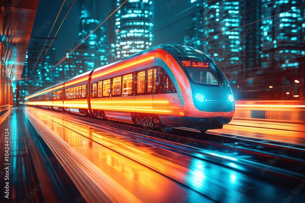 Modern High-Speed Train Traveling Through A City At Night Modern High-Speed Train Traveling Through A City At Night