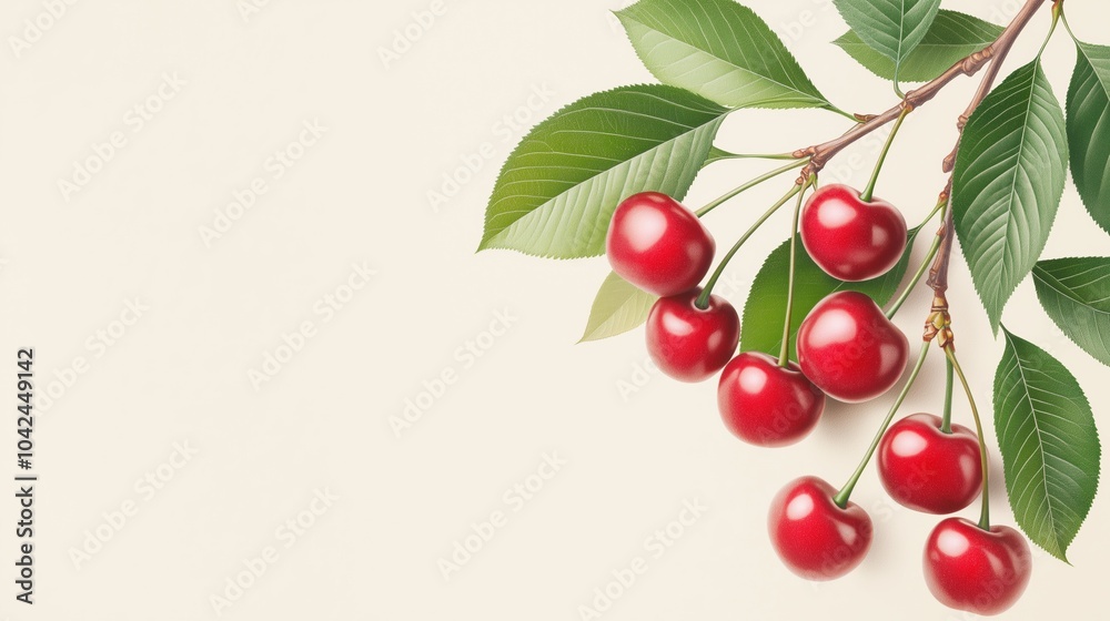 Fresh red cherries on a branch with green leaves against a light background in a natural setting. Fresh red cherries on a branch with green leaves against a light background in a natural setting.