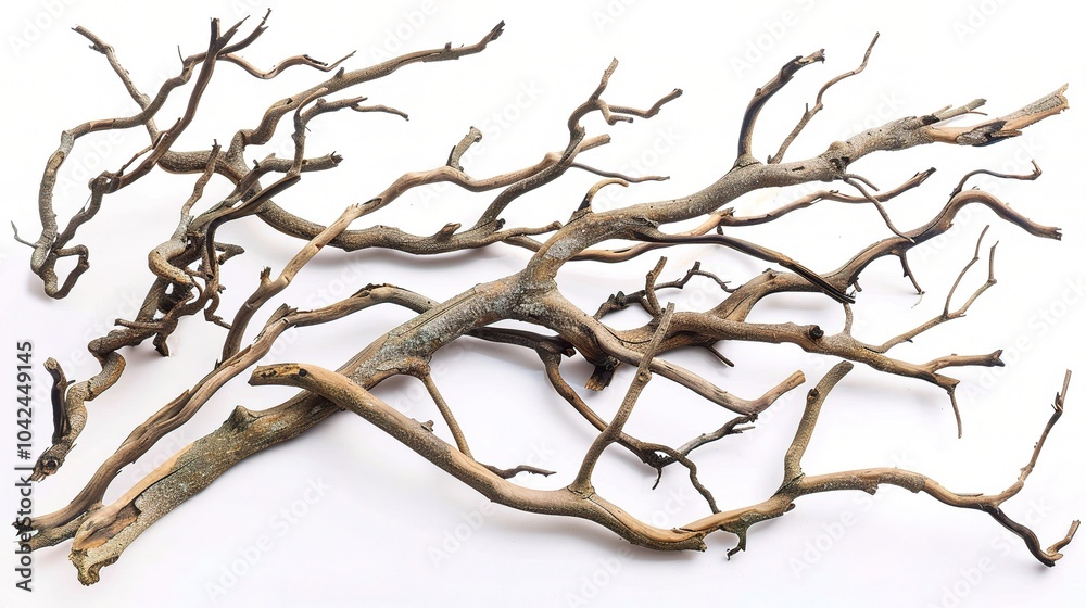 Dry tree branches isolated on white background - a stark and delicate sight. This image presents dry tree branches standing out against a pure white backdrop Dry tree branches isolated on white background - a stark and delicate sight. This image presents dry tree branches standing out against a pure white backdrop