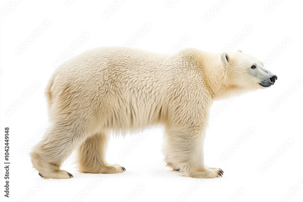 the beside view baby Polar Bear standing, left side view, low angle, white copy space on right, Isolated on White Background the beside view baby Polar Bear standing, left side view, low angle, white copy space on right, Isolated on White Background