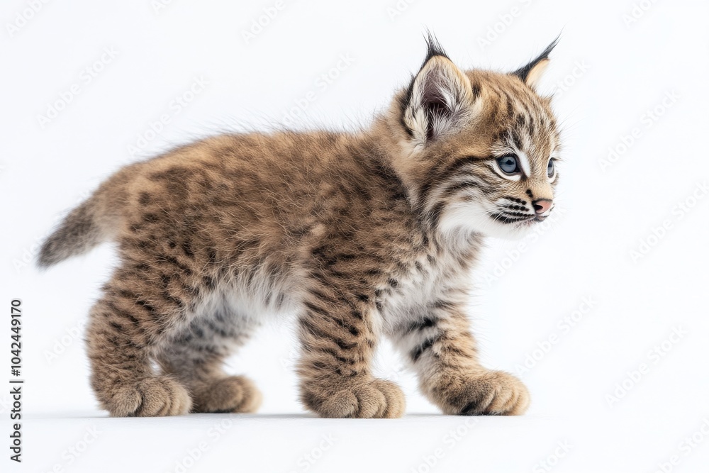 Obraz premium the beside view baby Lynx canadensis standing, left side view, low angle, white copy space on right, Isolated on White Background