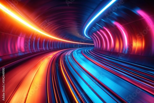 A Curved Tunnel with Vibrant Neon Lights and Speed Lines