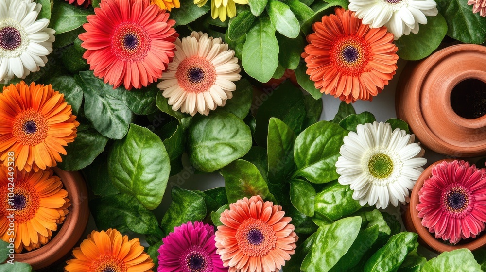 Colorful Gerbera Flowers and Fresh Green Leaves Colorful Gerbera Flowers and Fresh Green Leaves
