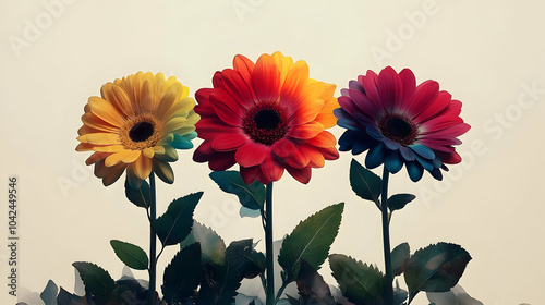 Three vibrant flowers in br...
