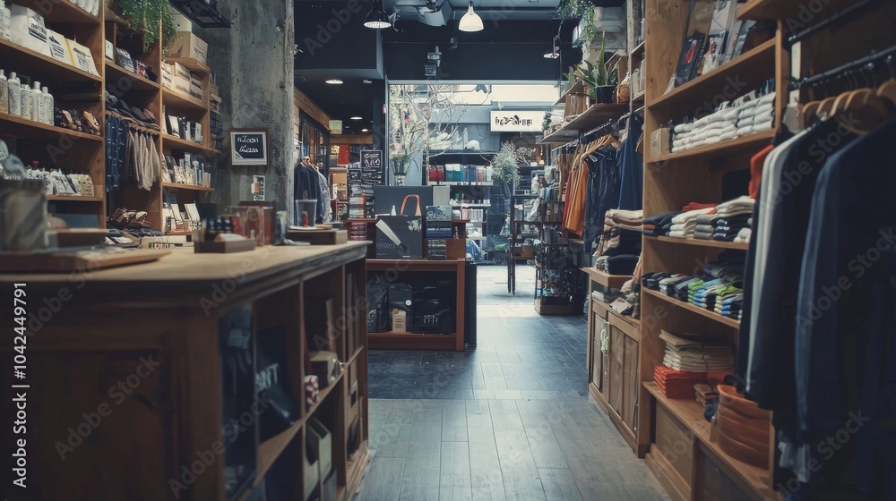 Cozy interior of a boutique shop with wooden shelves Cozy interior of a boutique shop with wooden shelves