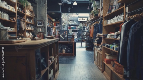 Cozy interior of a boutique shop with wooden shelves