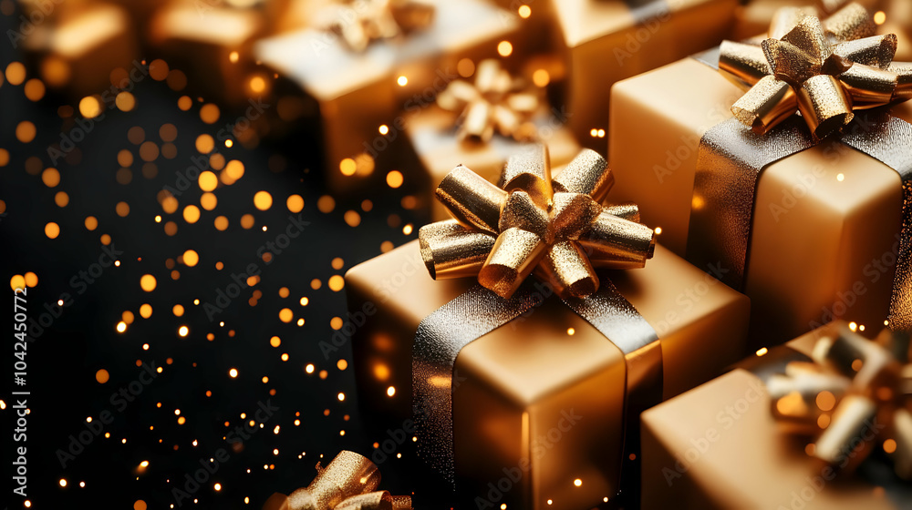 Golden Gift Boxes with Bows and Sparkle Golden Gift Boxes with Bows and Sparkle