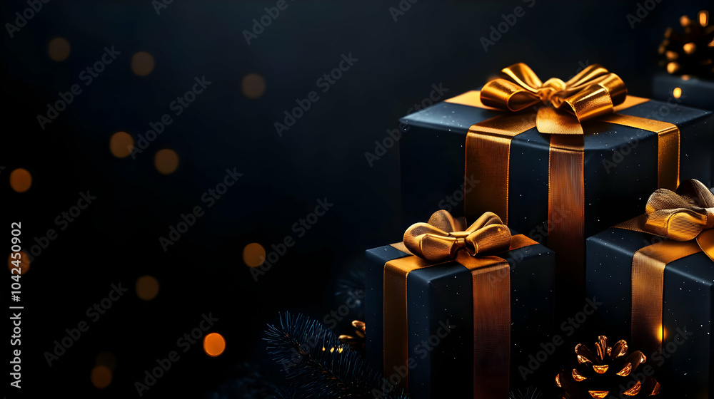 Elegant Black Gift Boxes with Golden Ribbons & Bows Elegant Black Gift Boxes with Golden Ribbons & Bows
