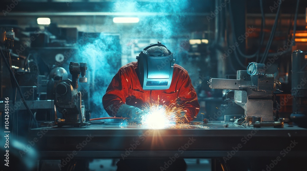 Fototapeta premium A welder in a workshop focuses on his task, sparks flying as the metal glows under the heat. The sound of the welding torch fills the air, while his hands skillfully shape the materials.