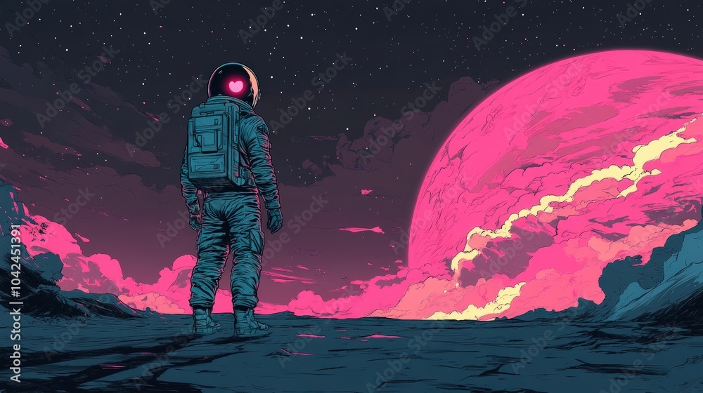 Obraz premium An astronaut stands on a desolate planet, gazing at a large, pink planet in the sky. Their helmet has a glowing heart, suggesting a sense of love or longing.