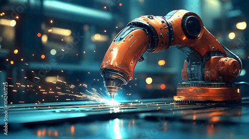 Robotic arm welding metal, ...