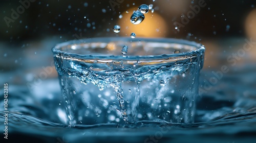 Slowmotion water pouring from a glass, capturing every droplet in detail, slowmotion pour, beautiful and soothing