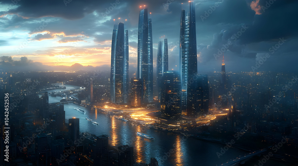 Fototapeta premium Futuristic cityscape at dusk with towering skyscrapers and river.