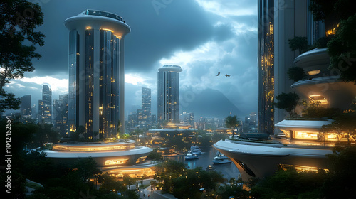 Futuristic cityscape with s...
