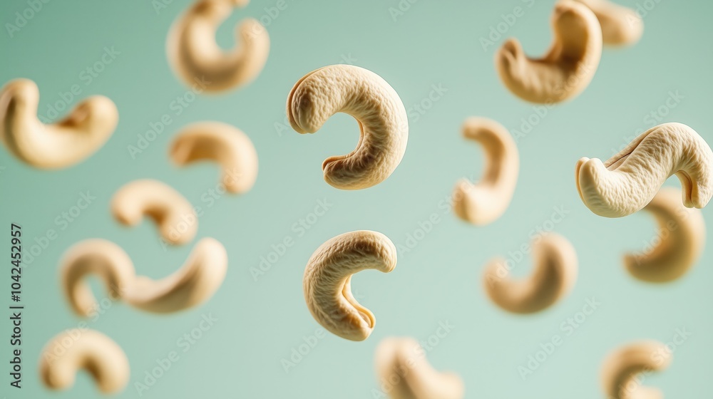 Floating Cashews on Blue Background Floating Cashews on Blue Background