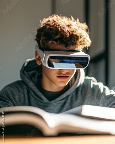 Student Using VR Glasses at Clean Desk with Digital Textbooks photo