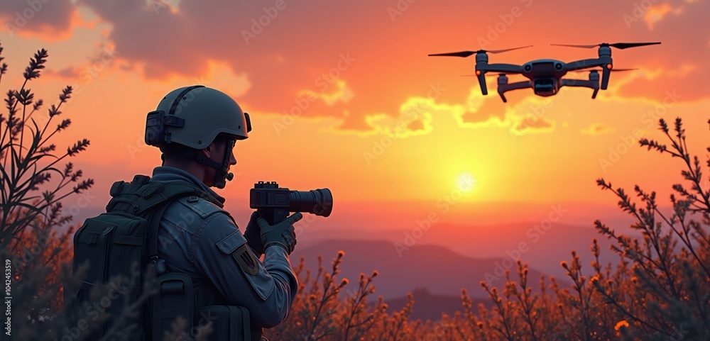 A soldier operates a drone at sunset, symbolizing modern military technology and aerial surveillance. Ideal for defense, technology, and photography sectors. A soldier operates a drone at sunset, symbolizing modern military technology and aerial surveillance. Ideal for defense, technology, and photography sectors.