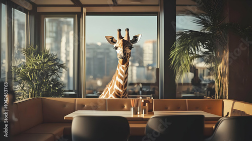 Giraffe Peeking Through Window in a Modern Restaurant photo