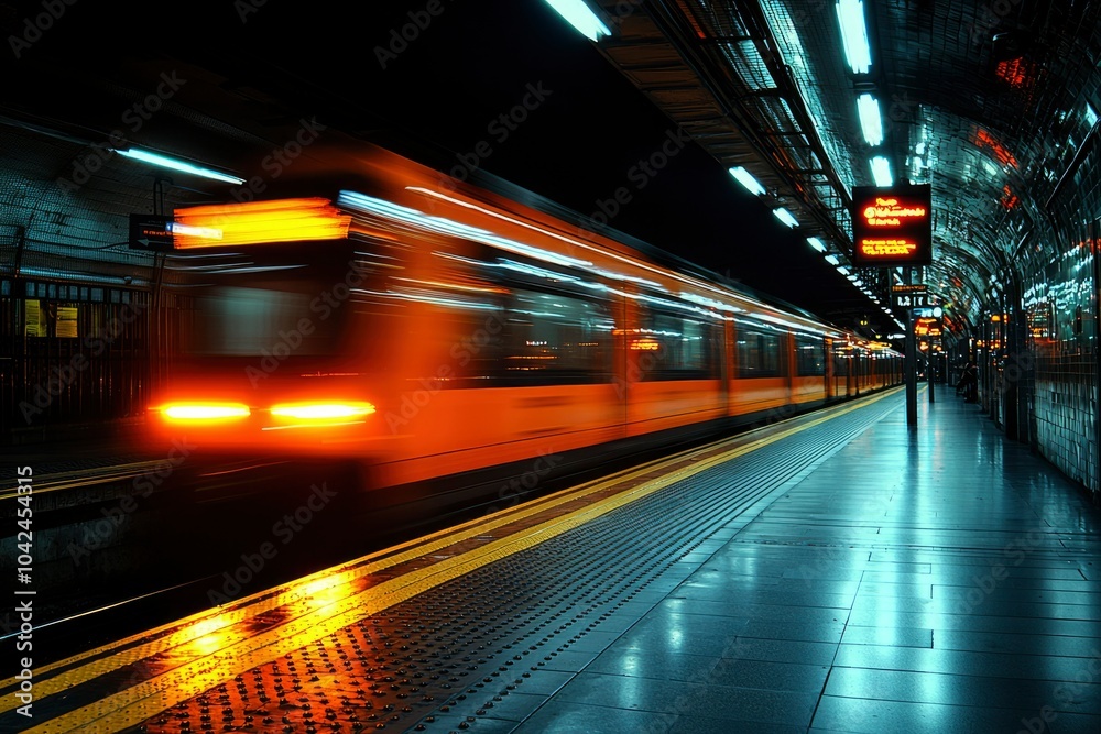 A Blurred Train Approaching a Station Platform at Night A Blurred Train Approaching a Station Platform at Night