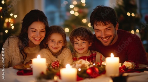 En la Navidad familiar los niños posan sonriente ante las cámaras y en la cena de Navidad bajo las luces del arbolito. photo