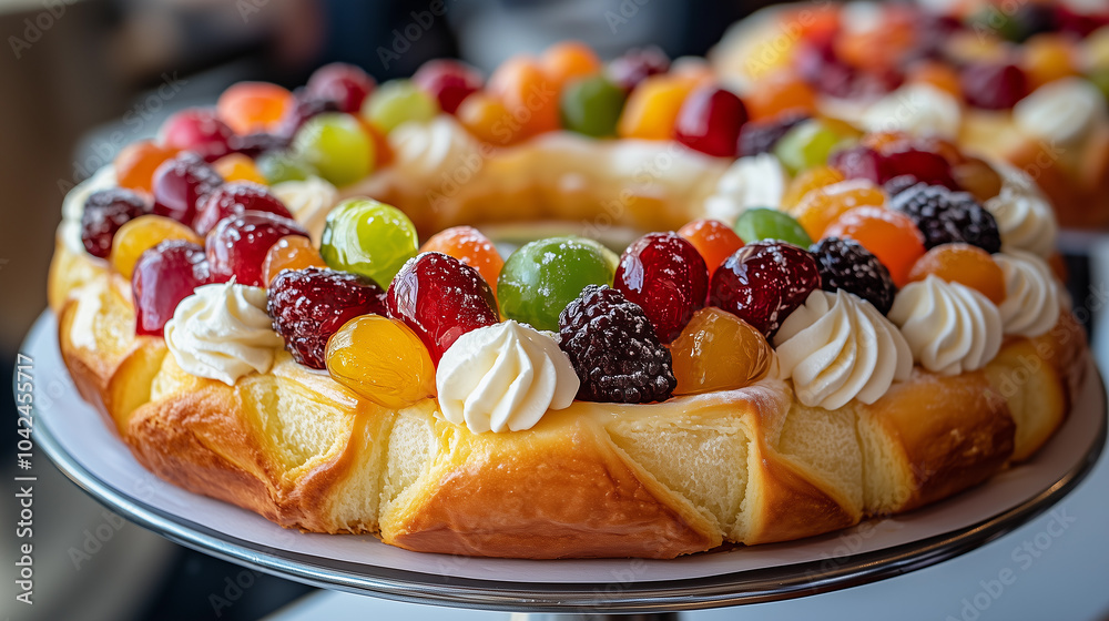 delicious kings cake, also known as roscón de Reyes or rosca de Reyes