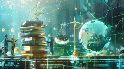 A digital representation of the scales of justice, books, and a globe, illustrating the concept of global law.