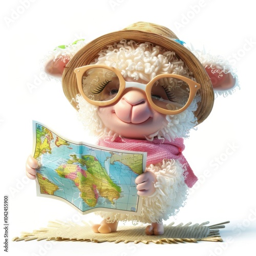 Vacation Planning: Suitable for content related to vacation planning tips, travel checklists, or itineraries. Sheep holding a map, traveling. photo