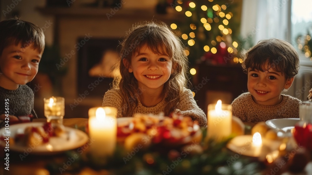 En la Navidad familiar los niños posan sonriente ante las cámaras en la cena de Navidad bajo las luces del arbolito. En la Navidad familiar los niños posan sonriente ante las cámaras en la cena de Navidad bajo las luces del arbolito.